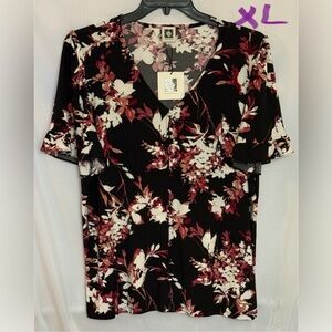 Anne Klein Black and Pink Floral Blouse